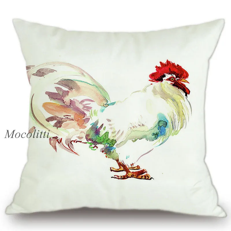 Cock Water Color Home Decor Sofa Throw Pillow Case Ink Chicken Design Square Decorative Cushion Cover Velvet Pillowcase Cojines