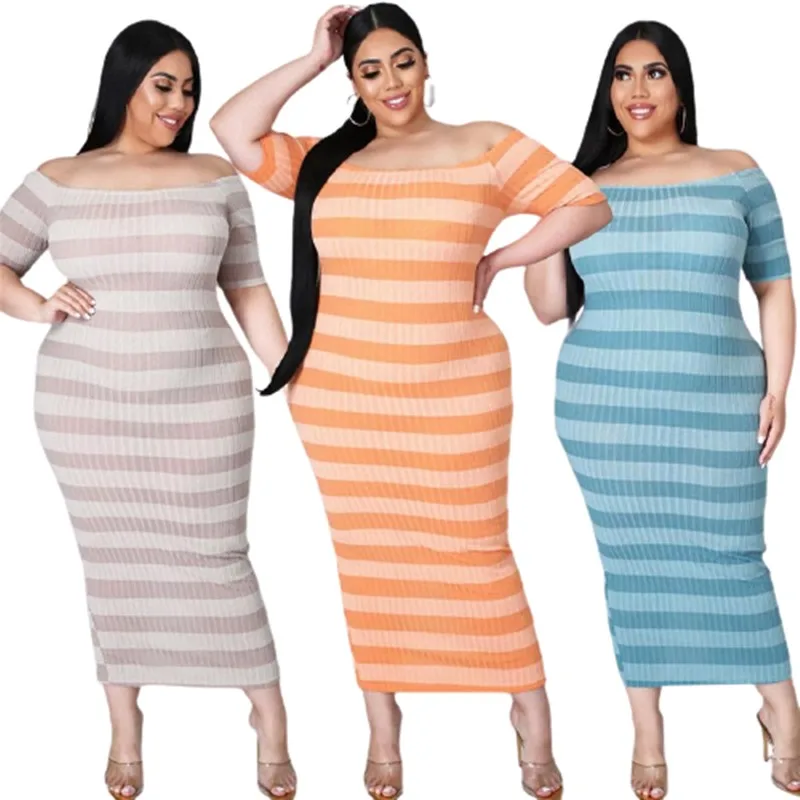 Plus Size Dress Clothing for Women Wholesale Elegant Party Striped Off Shoulder Ribbing Fashion Maxi Dresses Summer Dropshipping