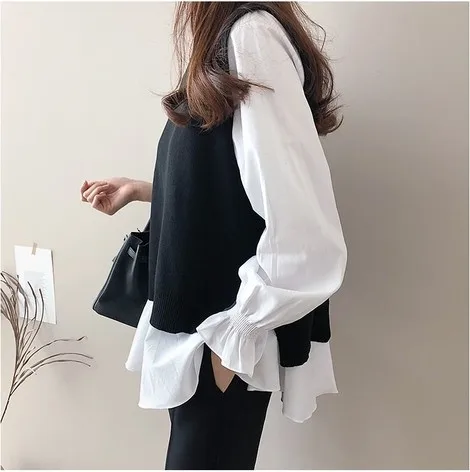 2022 Autumn Women white Ruffled Long Sleeve Shirt+ black O-Neck Pullover Sleeveless Vest Office Casual Knitted Vest 2 Piece Set