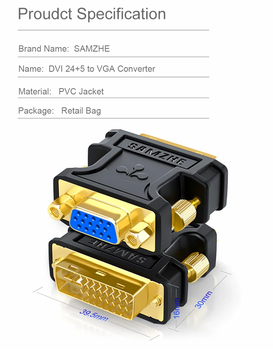 SAMZHE 24+5 DVI-I Stecker auf VGA Buchse Adapter Video-Konverter HDTV LCD-Monitor Adapter DVI auf VGA für HDTV PC Projektor – Detail 8