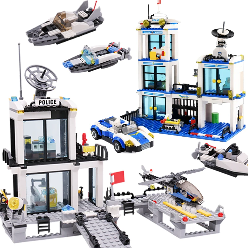 City Police Station Prison Trucks Building Blocks Car Boat Helicopter Bricks Children DIY Assemble Police Station Blocks Toys