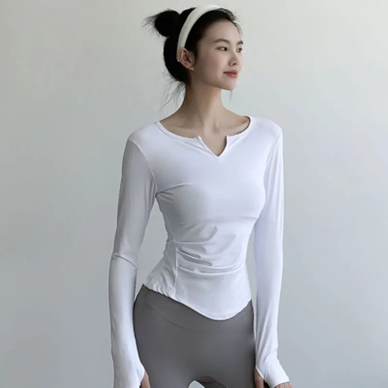 Women Yoga Long Sleeve Shirts Top Sexy V-neck Show Thin Running Solid Sports T-shirts Quick Dry Fitness Gym Crop Tops Sport Wear