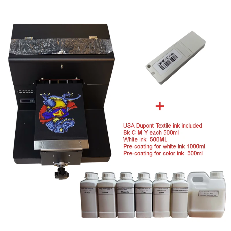 

A4 Size DTG T-Shirt Printer to Print Dark Light Color Garment Flatbed Printer machine