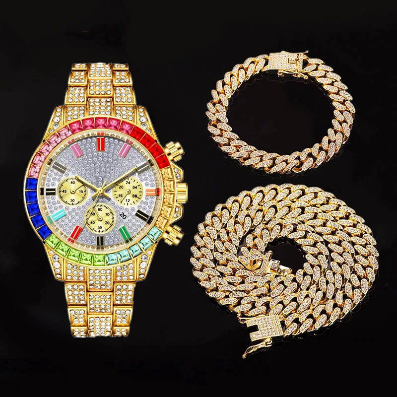 Necklace Bracelet Hip Hop Miami Cuban Chain Gold Color Colorful Watch for Men Iced Out Paved Rapper Men Jewelry Set Women Watch