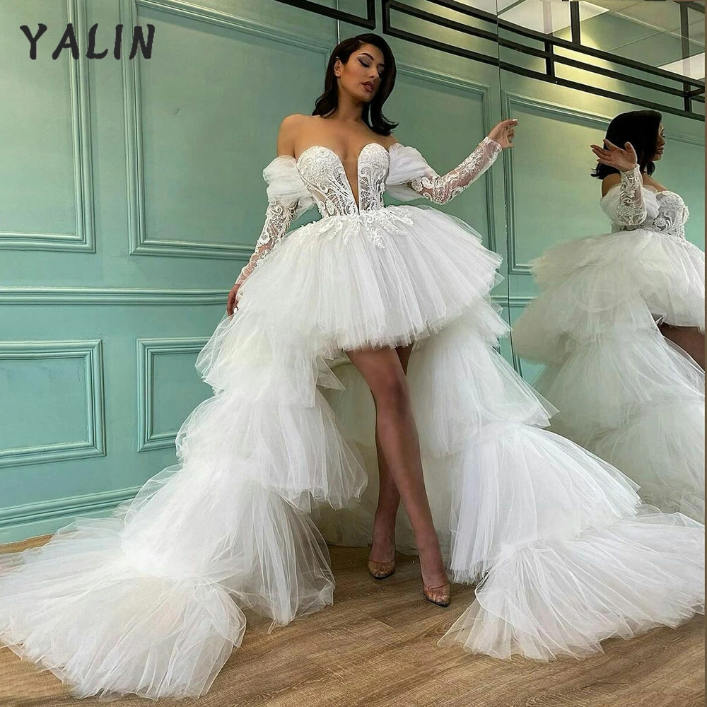 2022 New Short Wedding Prom Dresses High Low Fluffy White Tulle With Detachable Train Sexy Deep V-neck Tiered Mesh  Gowns