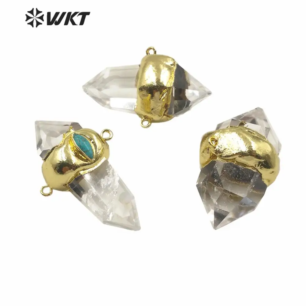 WT-P1552 WKT Wholesale Clear Stone Pendant Natural Double Point spirit Quartz Pendant In Gold Plated Women Jewelry Stone Pendant