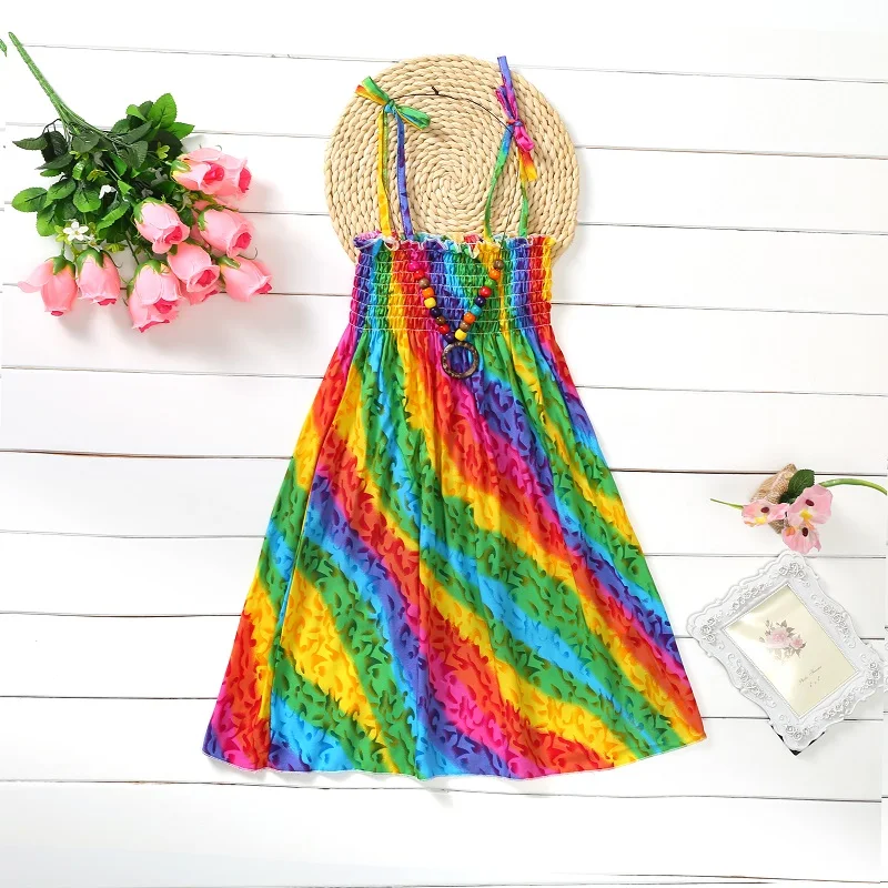 Summer Girls New Floral Dress Sling Ruffles Bohemian Beach Princess Dresses for Girl abbigliamento 2 6 8 12 anni con collana regalo