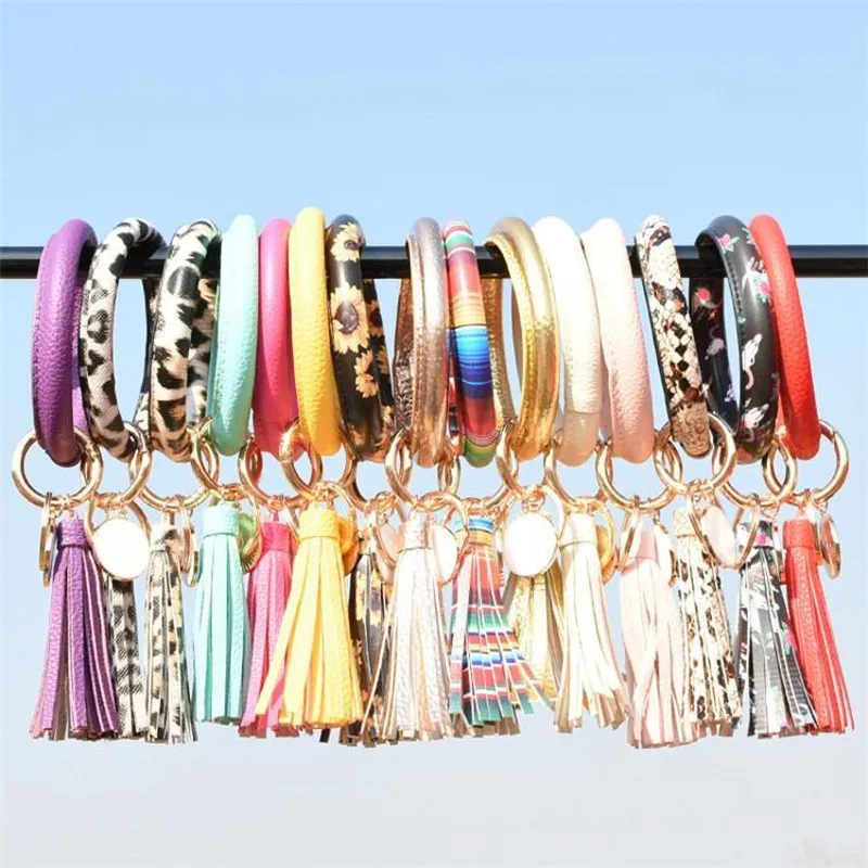 

Women Tassels Bracelets PU Leather Wrap Key Ring Leopard Lily Print Keychain Wristband Sunflower Drip Oil Circle Bangle Chains