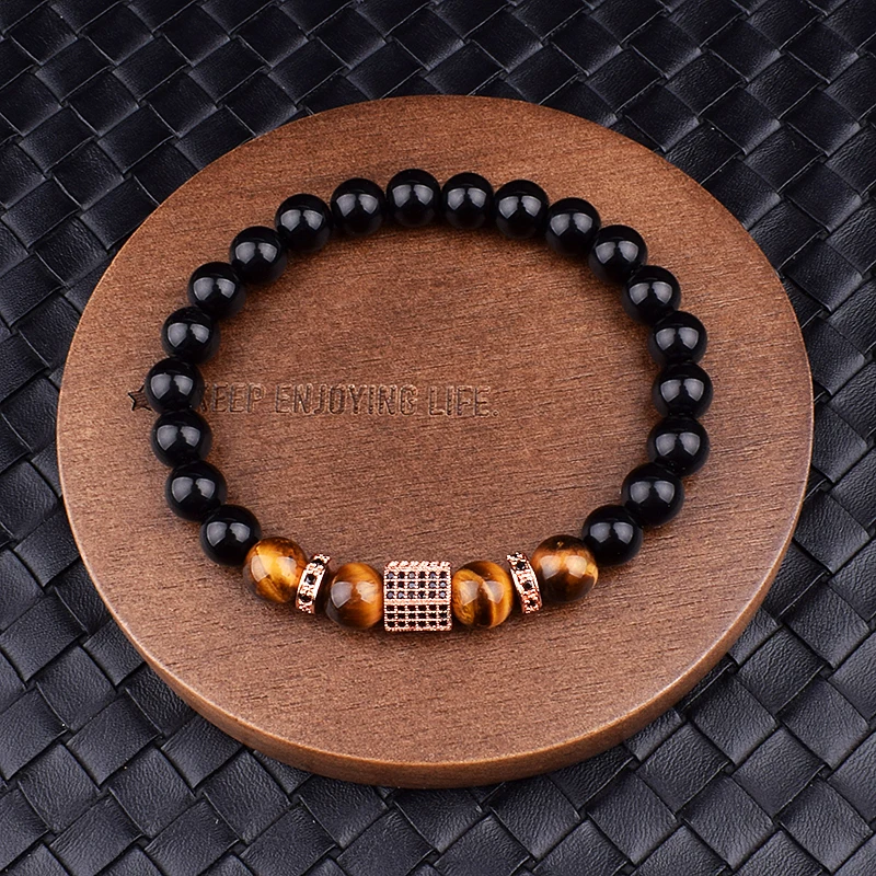 Nature Matte Onyx Tiger Eye Stone Bracelets Men Fashion Cubic Zircon Charm Bracelets for Women Healing Soul Elastic Jewelry Gift