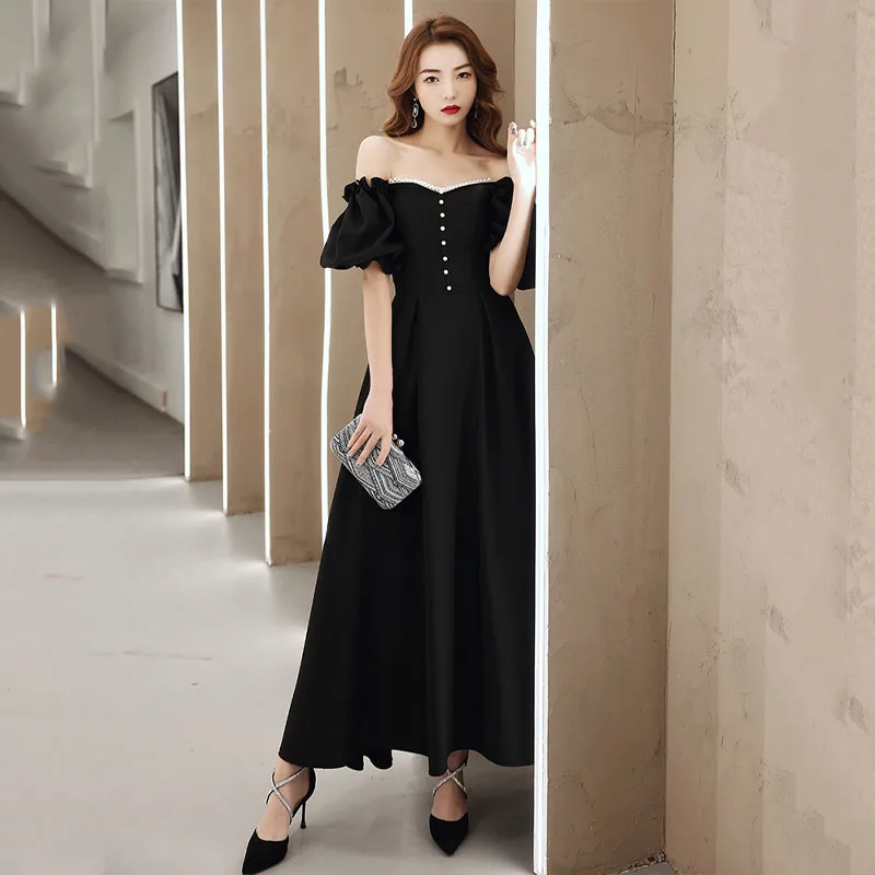 

Evening Dress Elegant Simple Boat Neck Short Sleeves A-Line Zipper Back Black New Ankle-Length Woman Formal Party Gowns A1498