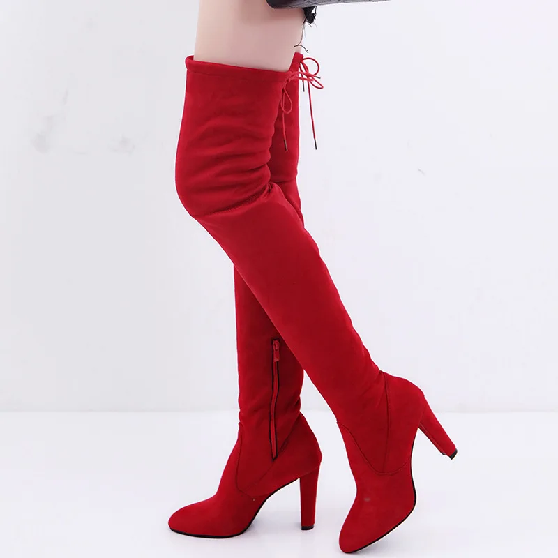 Botas femininas sensuais acolchoadas de camurça falsa, novas botas até o joelho, sexy coxa alta, bico fino, salto alto, plus size, inverno