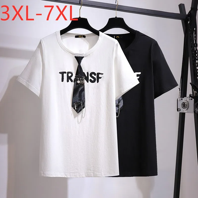 

New 2021 Ladies Designer Summer Plus Size Tops For Women Large Short Sleeve Loose Cotton Chain White T-shirt 3XL 4XL 5XL 6XL 7XL