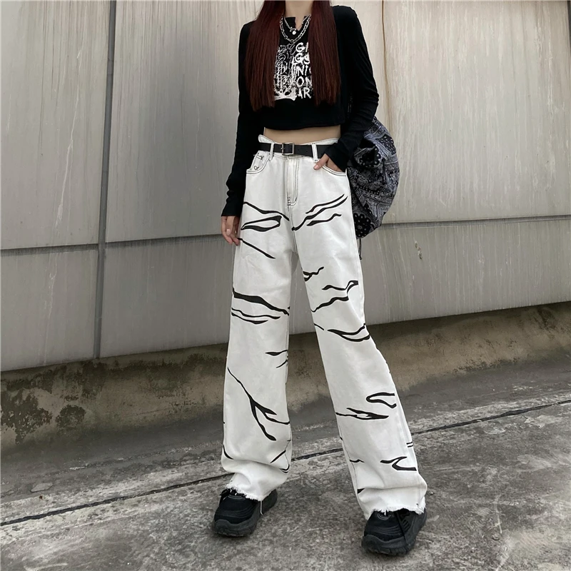 

Streetwear White Women's Low Rise Jeans Y2K Korean Fashion Oversize Print Baggy Wide Leg Jeans 2024 Autumn Trousers Female BF