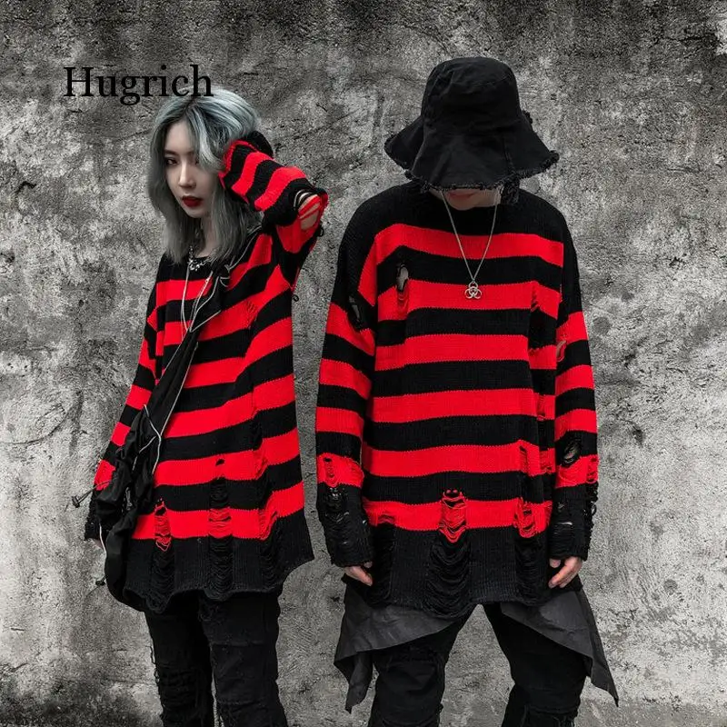 Black Red Striped Sweaters Washed Destroyed Ripped Men Hole Knit Jumpers Men Women Oversized Sweater