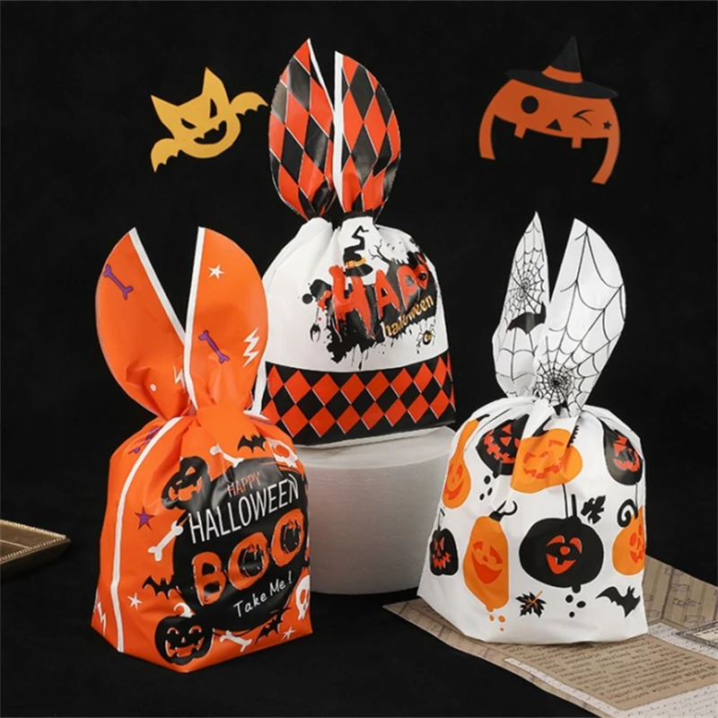 Bolsas de plástico con orejas de conejo de feliz Halloween, paquetes de regalo para dulces, galletas, aperitivos, embalaje para hornear, suministros para fiestas de Halloween, 10/50 piezas