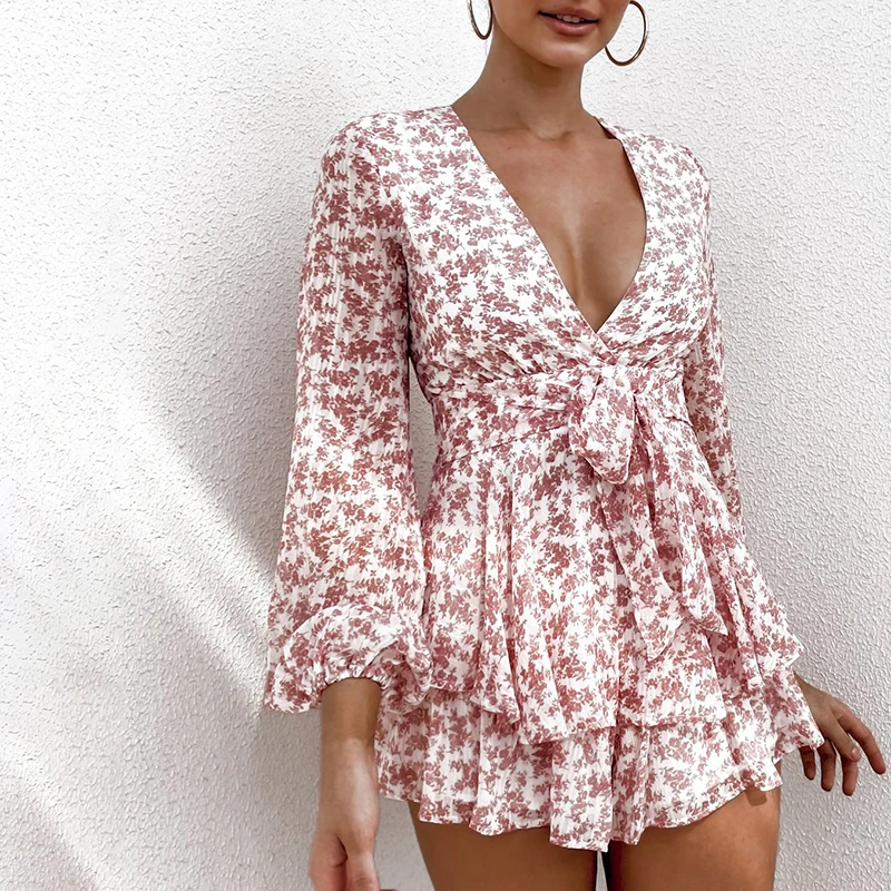Ardm Fahion V Neck Chiffon Jumpsuit Women Ruffled Lace Up Long Sleeve Playsuit Floral Print Sweet Rompers
