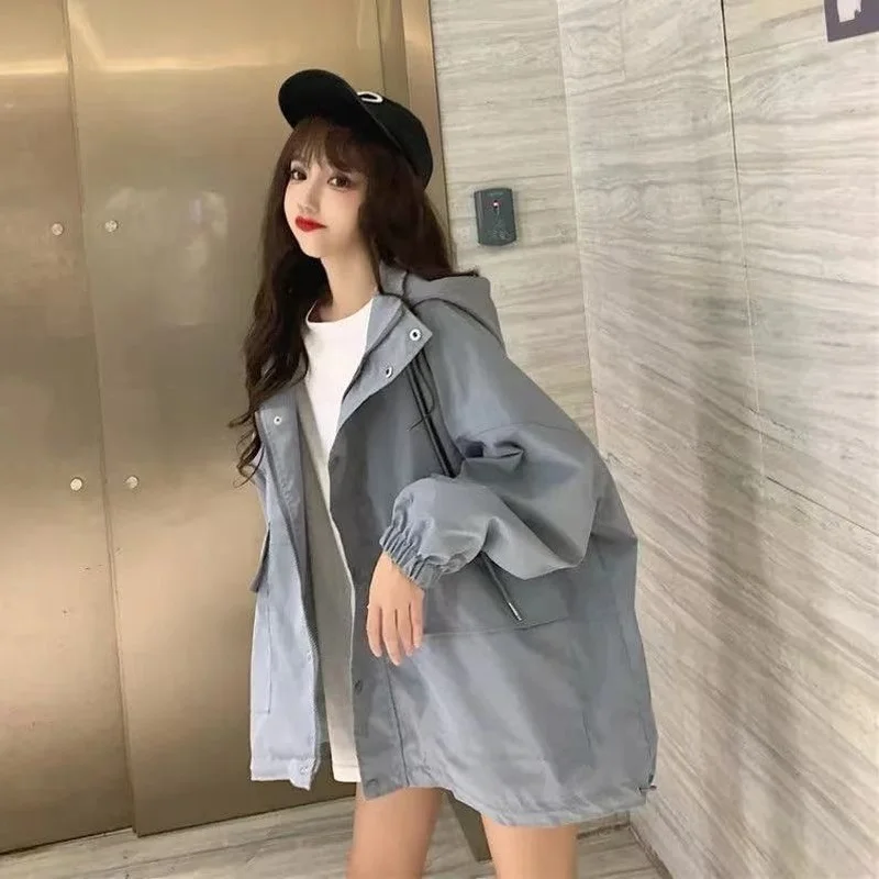 With Hat Basic Jackets Women All-match Solid Harajuku Casual Long Sleeve Tops Button-up Safari Style Coats Tooling Teens Stylish