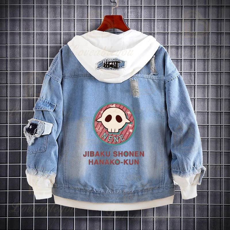 Janpanese Anime Cosplay Hoddies Light Blue Denim Jacket Streetwear Hip Hop Hooded Jean Jackets Outwear Coat Boys Girls