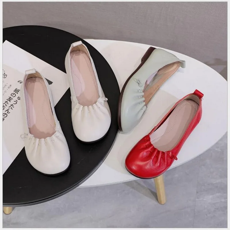 Women Flat Shoes Head Layer Cowhide Elastic Moccasins Soft Genuine Leather Ladies Shoes Candy Color Casual Women Shoes