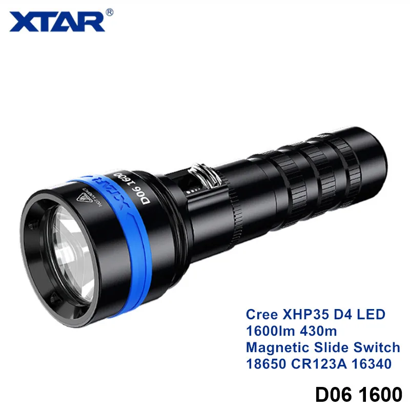 Xtar D06 Magnetic Slide Switch Underwater Photography Diving Flashlight Cree XHP35 XPL XML 18650 16340 CR123 Underwater Lantern