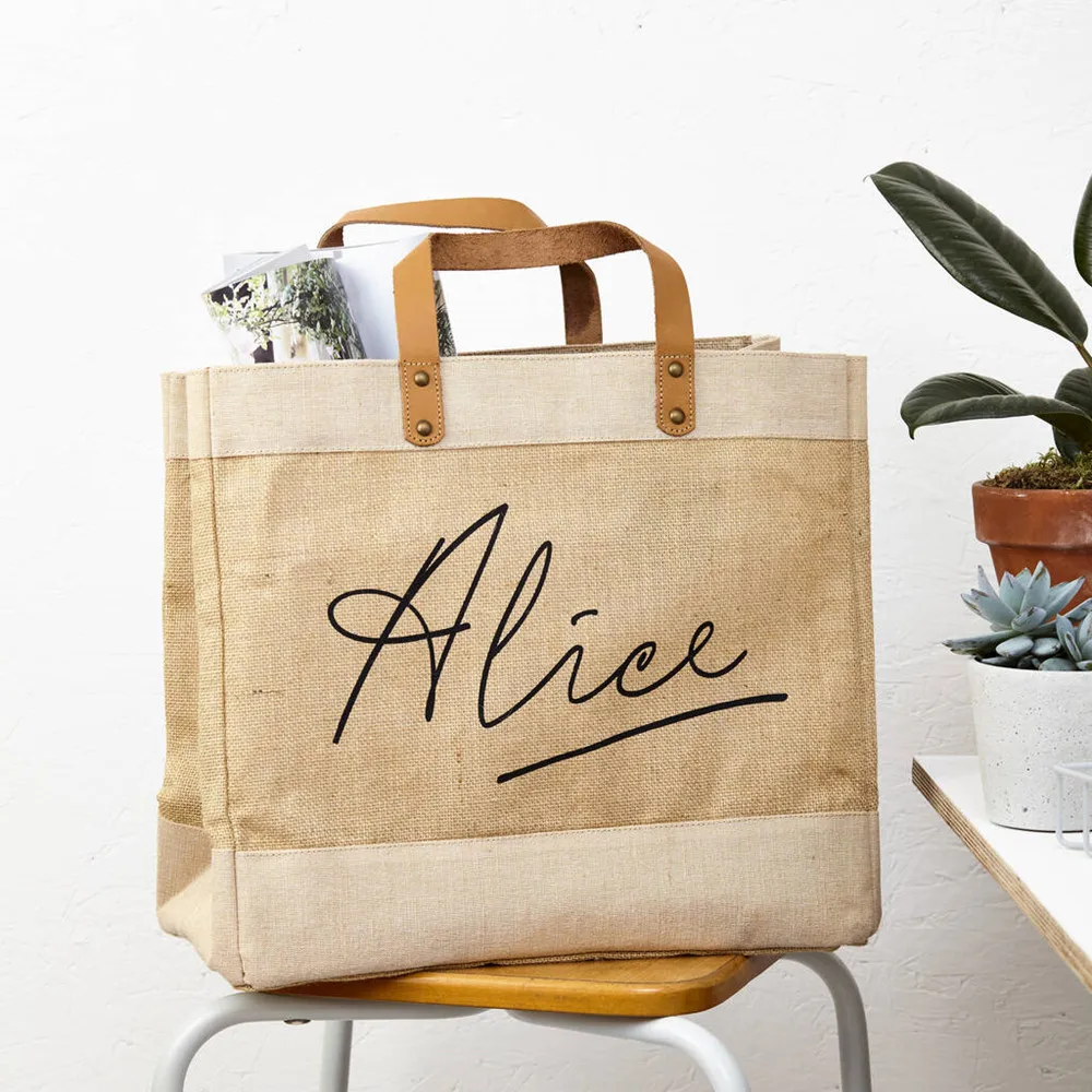 

Personalised Monogrammed LOGO Print Shopper Bag Custom Name Text Leather Handles Bridesmaid Gift Jute Shoppers Market Tote Bags