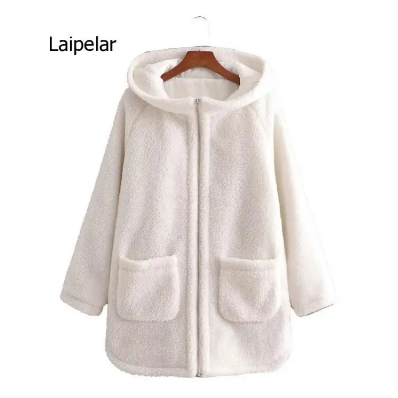 Cappotto in pile sciolto invernale con cappuccio da donna medio lungo semplice stile europeo e americano per il tempo libero