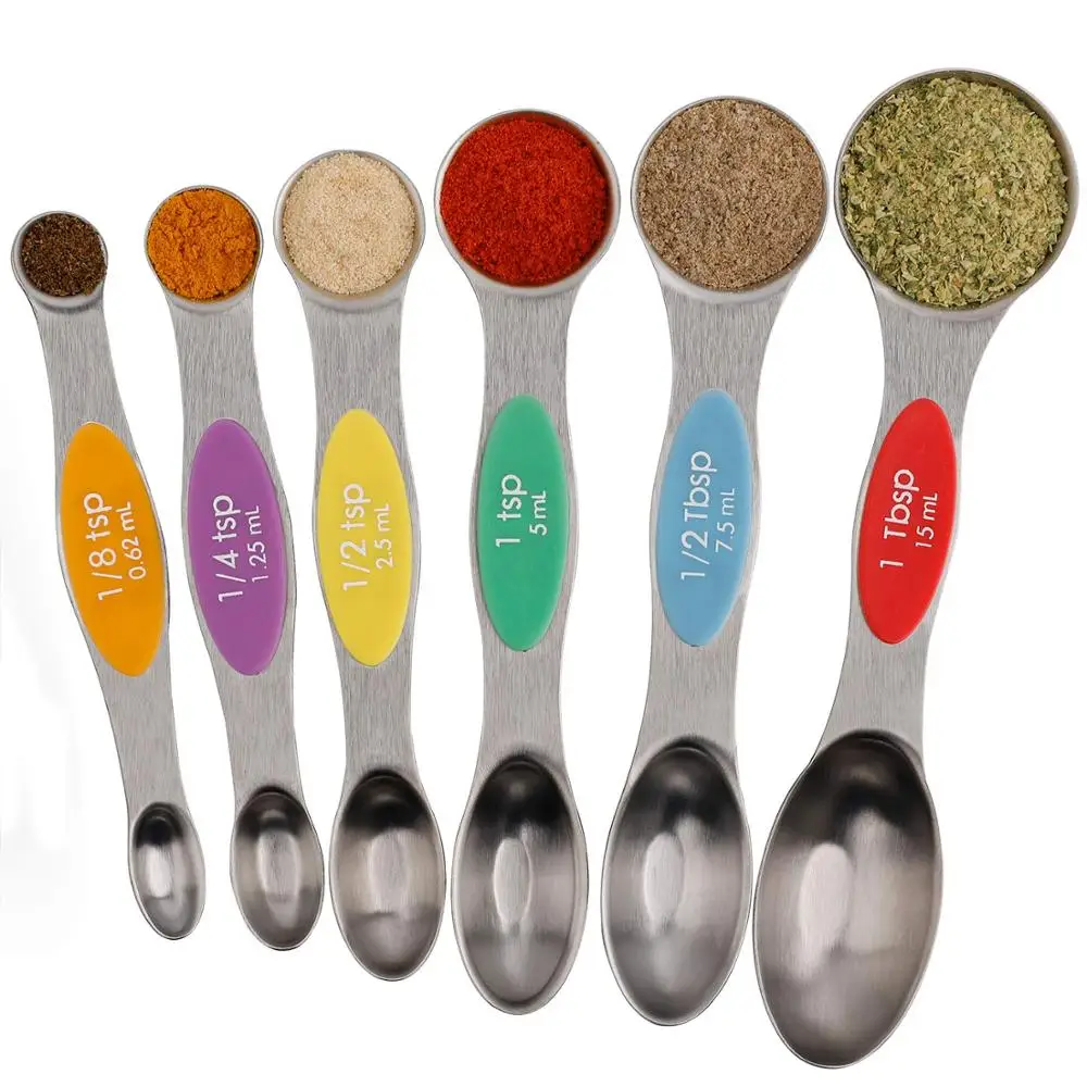 6 Pcs Magnetic Measuring Spoons Set Stainless Steel Dual Sided Stackable Teaspoons Tablespoons for Dry or Liquid Fits in Spice