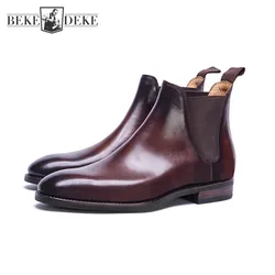 British Business Men Cowhide Genuine Leather Chelsea Boots Vintage Office Work Dress Shoes Slip On Motorcycle Biker Ankle Boots