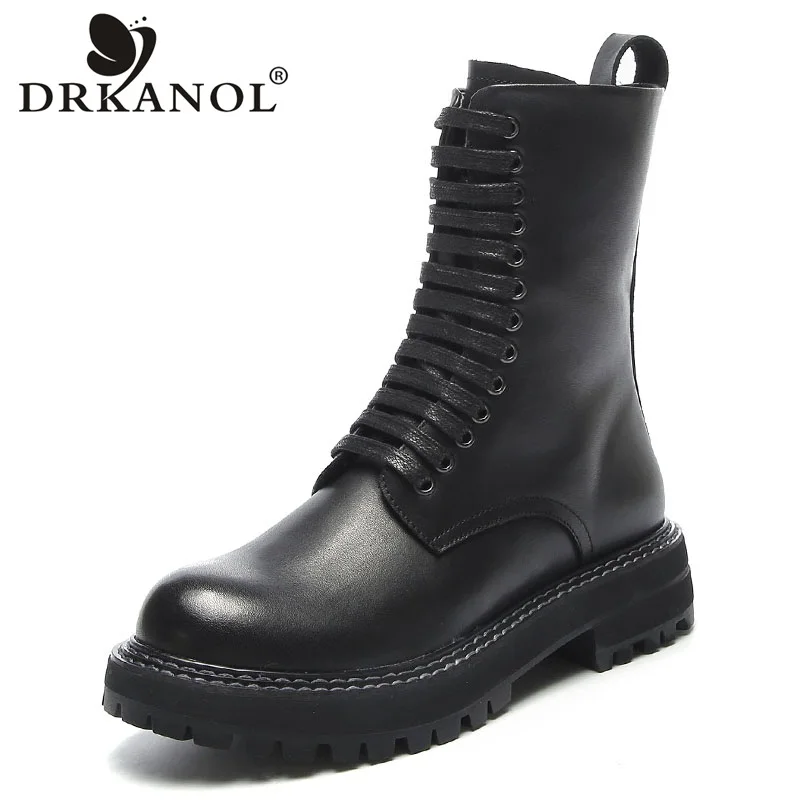 DRKANOL Fashion Handmade Winter Warm Women Boots 2022 Genuine Leather Flat Heel Motorcycle Boots Women Mid Calf Leather Boots