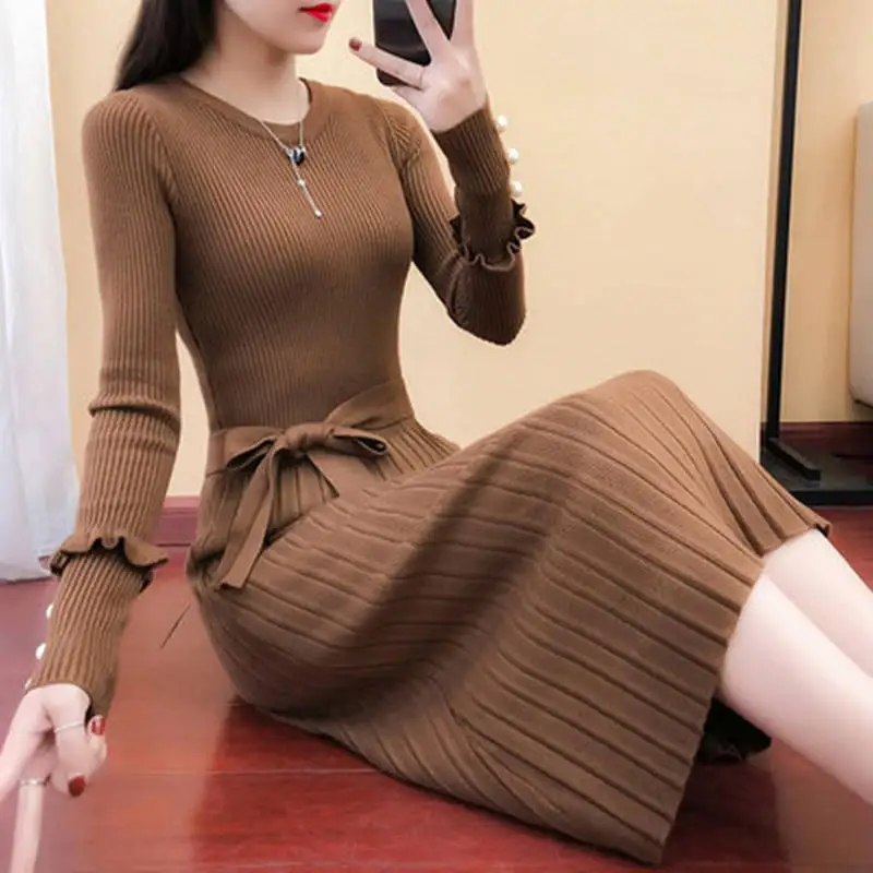 Korean Slim Knitted Sweater Dress O-neck Women Elegant Lace-up Midi Dresses Pleated Autumn Winter Stretch Casual Vestidos