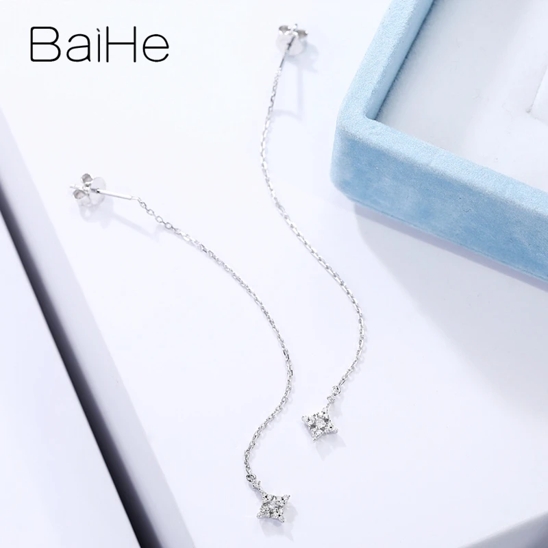 BAIHE Solid 18K White Gold Natural Diamond Star Ear line Earrings Women Wedding Trendy Fine Jewelry boucle d’oreille серьги