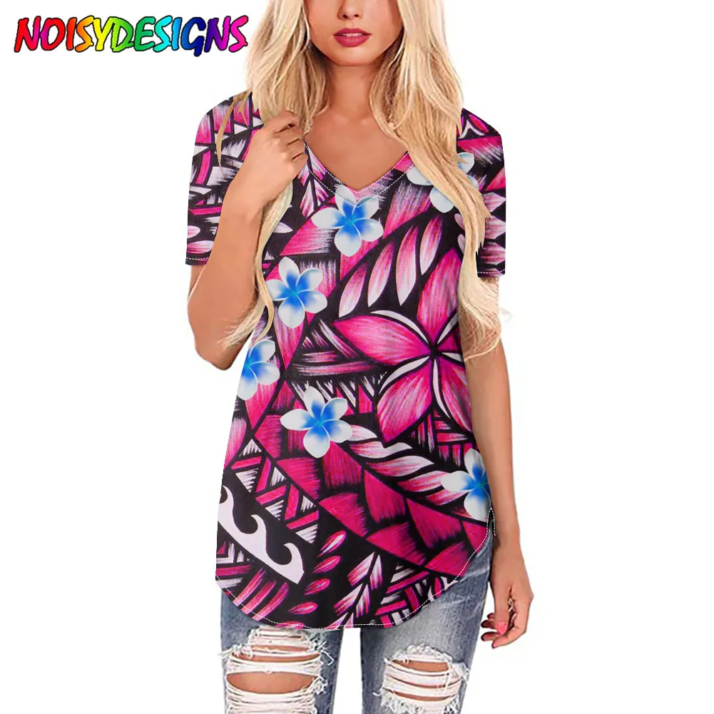 

NOISYDESIGNS 2021 Summer New V-eck Short-sleeved T-shirt Polynesian Tribal Plumeria Prints Women Tshirt Custom Vetement Femme