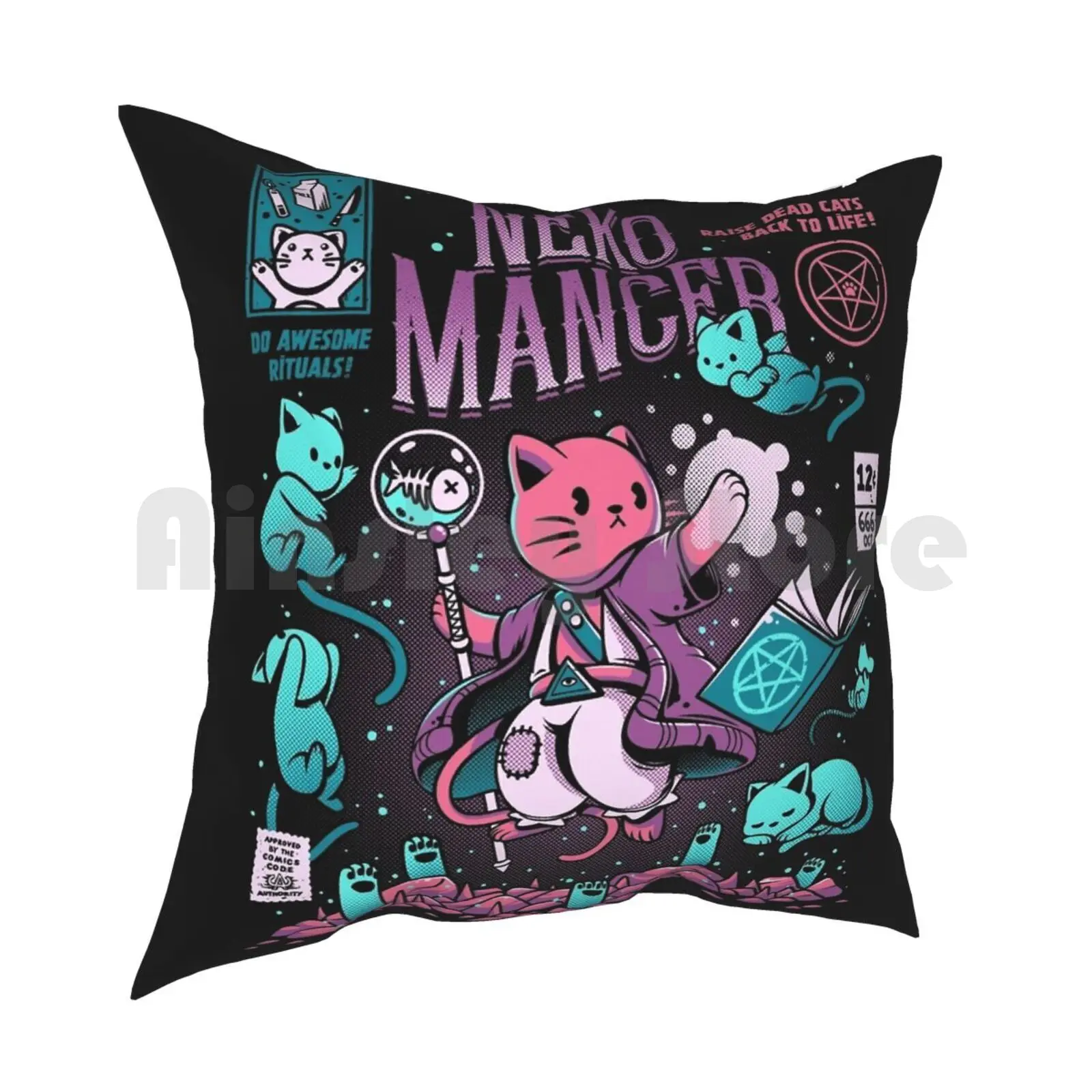 Nekomancer Pillow Case Printed Home Soft Throw Pillow Cats Kitty Cute Comics Old Dead Spooky Creepy Halloween Horror