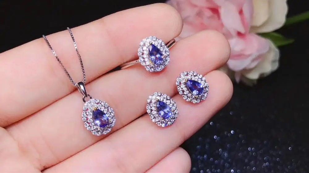 

The Best Gift For your mother Tanzanite jewelry set Natural Real Tanzanite 925 sterling silver 1pc pendant,1pc ring,2pcs Earring