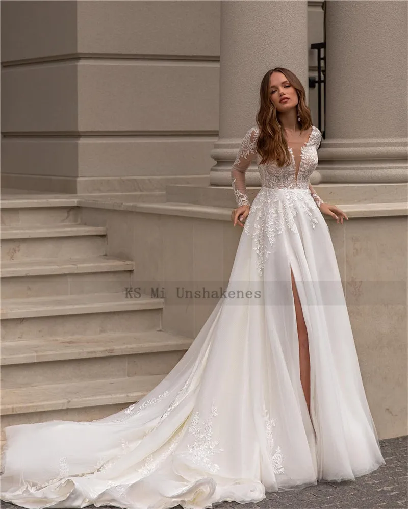 Neue Designer Langarm Spitze Brautkleider EINE Linie Sexy Kirche Braut Kleid 2022 Split Side Lange Zug Brautkleider casamento