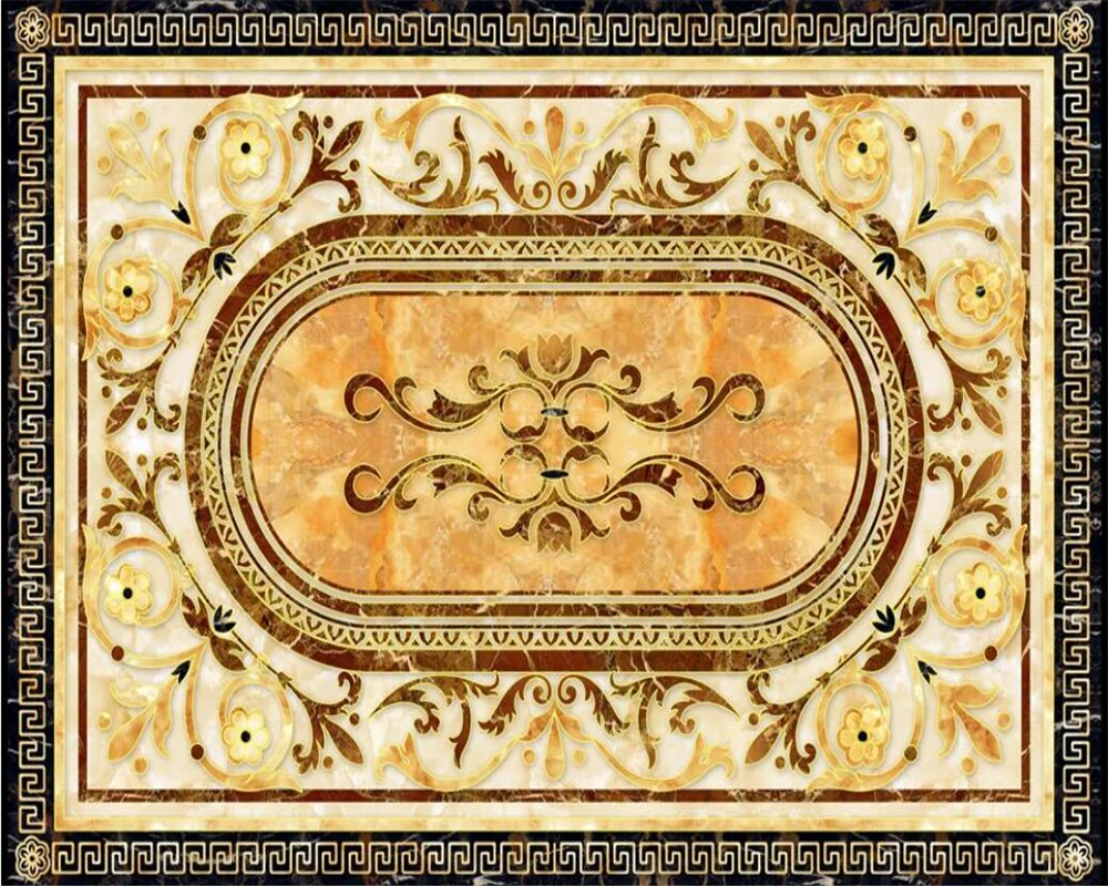 high-end Custom floor painting 3d wallpaper high temperature burning European marble floor tile mosaic pattern papel de parede