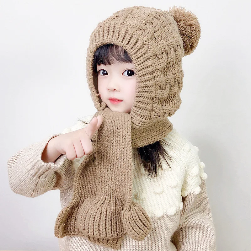 Children's hat scarf one body hat autumn and winter warm fleece girl's woolen hat lovely super lovely baby treasure knitted hat