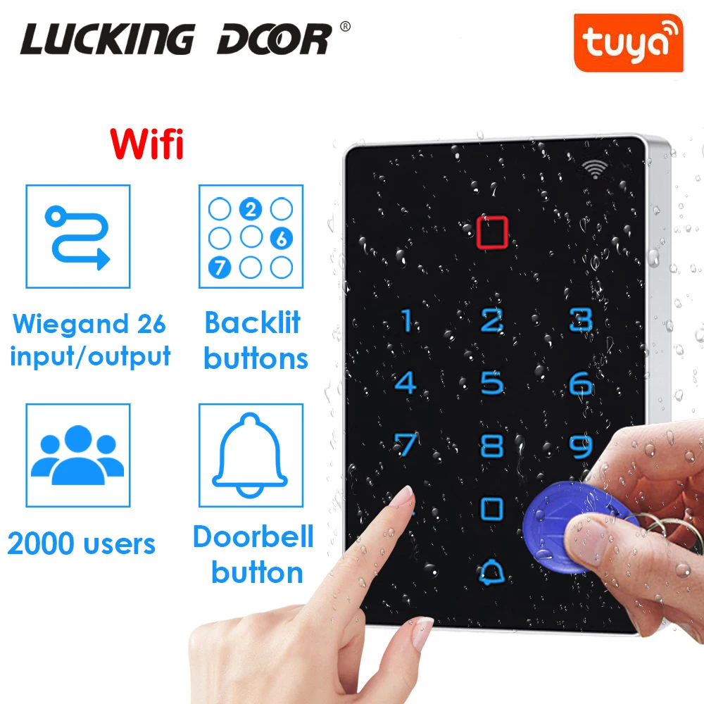 

2000 User WIFI Tuya APP Backlight Touch Access Controller Waterproof keypad RFID 125khz Card Reader Wiegand 26 Input Output