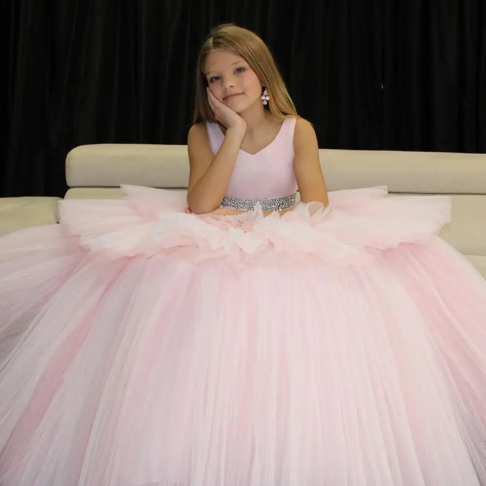 Vestido largo sin mangas con volantes para niña, vestido de desfile para niña pequeña, niño pequeño, adolescente, en la cintura con abalorios, color azul y rosa, 2021