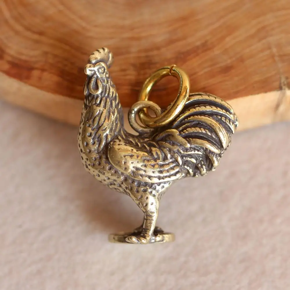 Handmade Brass Rooster Keychains Copper Chinese Zodiac Chicken Bag Hanging Pendant Car Key Rings Gifts