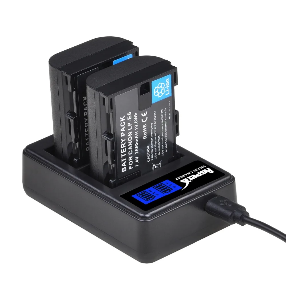 2650mAh LP-E6 LP-E6N 배터리 LPE6 LP E6 E6N Bateria + 캐논 EOS 5D Mark II III 50D 6D 60D 7D 70D 80D 90D EOS R 용 듀얼 충전기