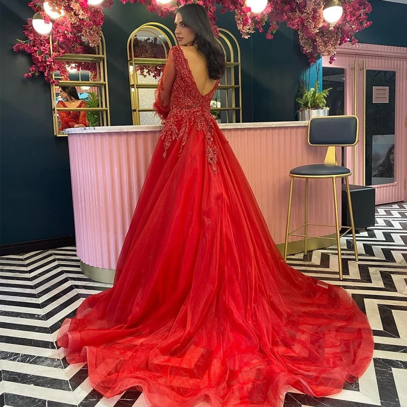 Gaun Prom Eigdale 2022 Gaun Malam Tulle Kerah V Lengan Puff Merah Applique A-Line Seksi Gaun Pesta Koktail Malam Ukuran Plus