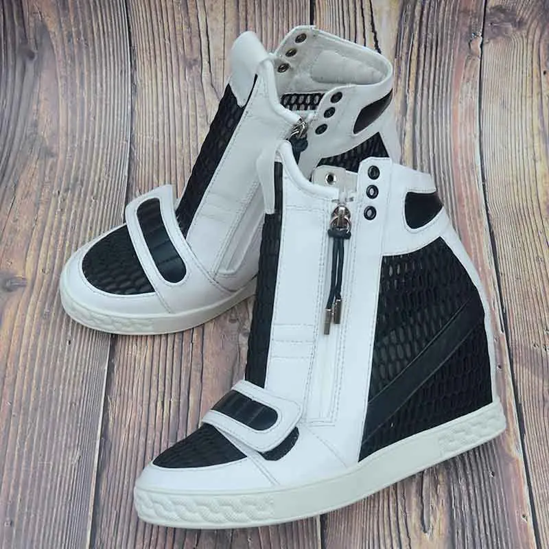 

Fashion Mesh Embossed Cow Leather Patchwork Double Zipper Ankle Boots High Top Woman Mixed Colors Inner Height Wedges Sneaker