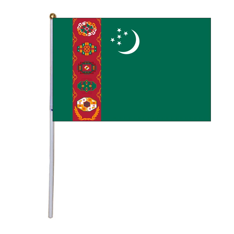 free  shipping  xvggdg  100pcs 14 * 21cm National Flag  Turkmenistan hand  flags  with plastic flagpole Polyester Printing flag