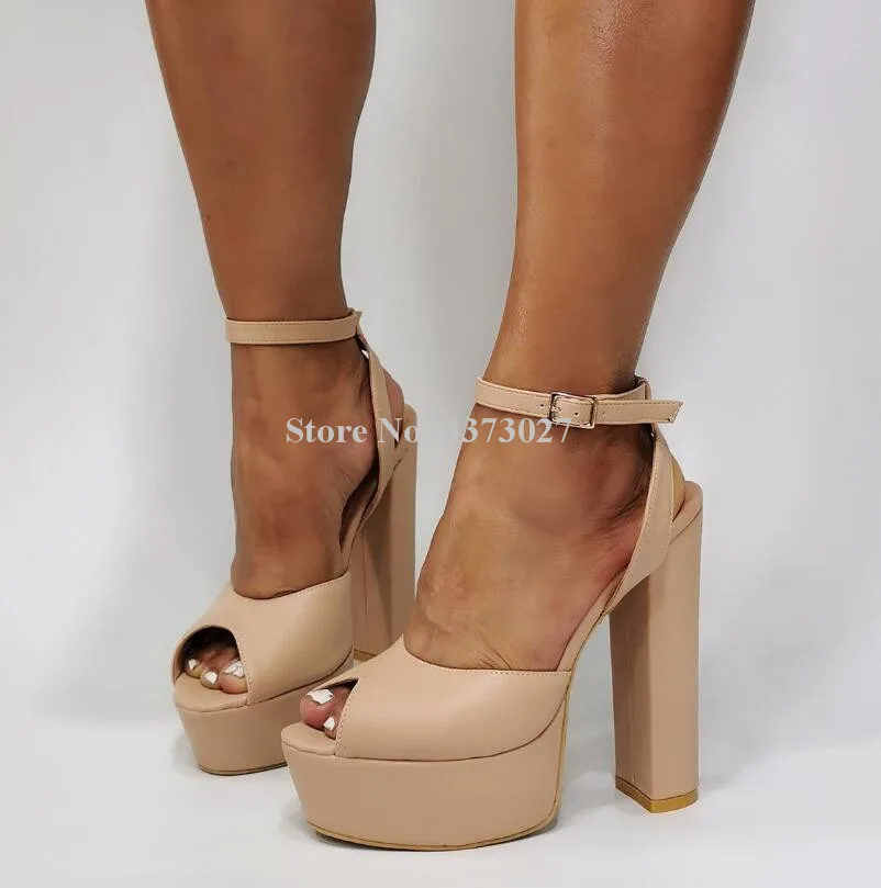 

Lady New Nude Leather Chunky Heel Pumps Shoes Fashion Peep Toe Ankle Buckle Platform Single Shoes Women Large Size High Heels