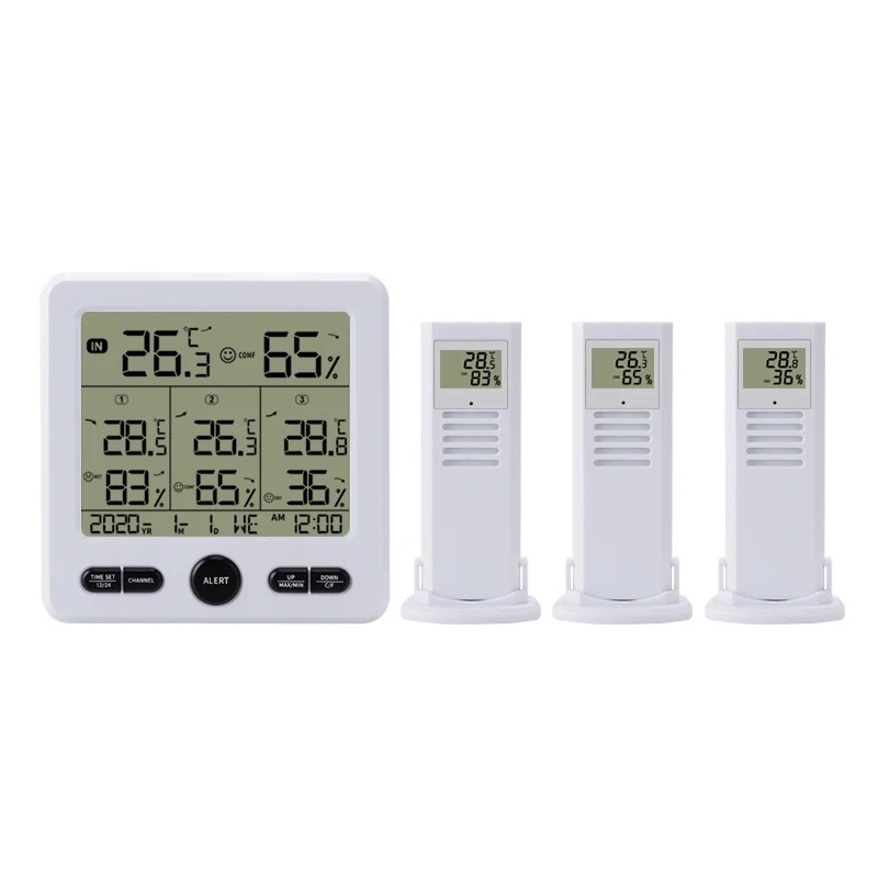 TS-6210 Wireless Weather Station Indoor/Outdoor LED LCD Display Digital Temperature Humidity Meter Trend Alarm 3 Remote Sensors