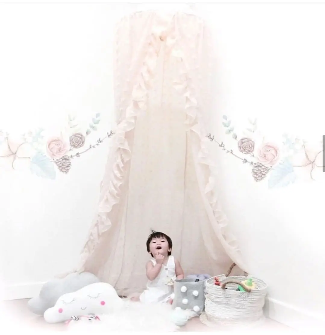 Ins children\'s home new lace flocking crib curtain Chiffon mosquito net game House Tent