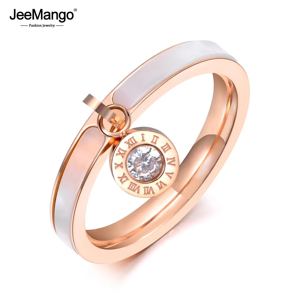 

JeeMango Ethnic Design Rose Gold Color CZ Crystal Rhinestone Titanium Steel White Shell Wedding Rings For Women Gifts JR19064