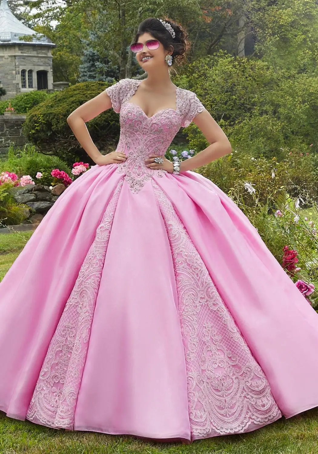 Vestidos de Quinceañera de manga corta de encaje, vestido de fiesta Formal de Organza rosa con abertura en la espalda, 15 vestidos, cristal, 2020