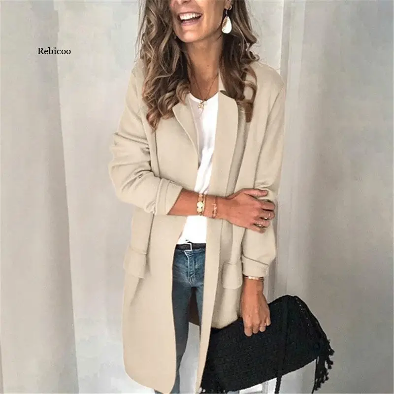 Casual Long Sleeve Elegant Office Ladies Notched Collar Solid Oversized Women Blazer Autumn Jacket 2021 Pockets Female Suit Coat